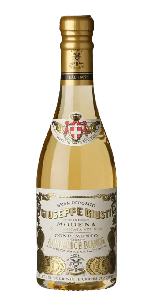 Condimento Bianco Giusti 250ml, aromatischer Weinessig aus Trebbiano Trauben, süß-sauer, französische Barrique-Reifung.