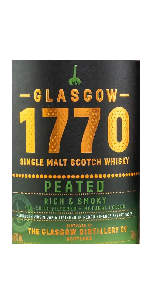 Schottischer Whisky Glasgow 1770 Peated, reich und rauchig, reift in Pedro Ximénez Sherry Fässern, 50ppm Torf.