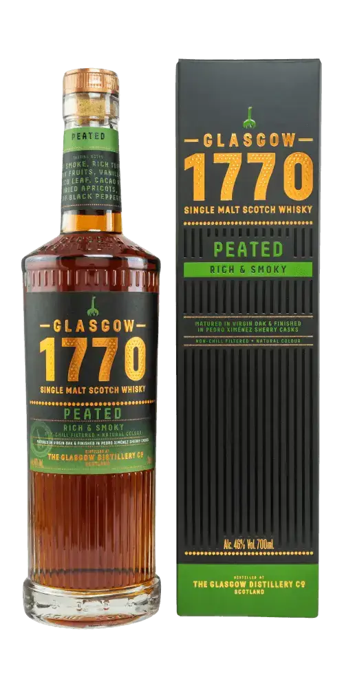 Schottischer Whisky Glasgow 1770 Peated, 700ml, reich und rauchig, in originaler Verpackung, hochwertige Lowland Abfüllung.