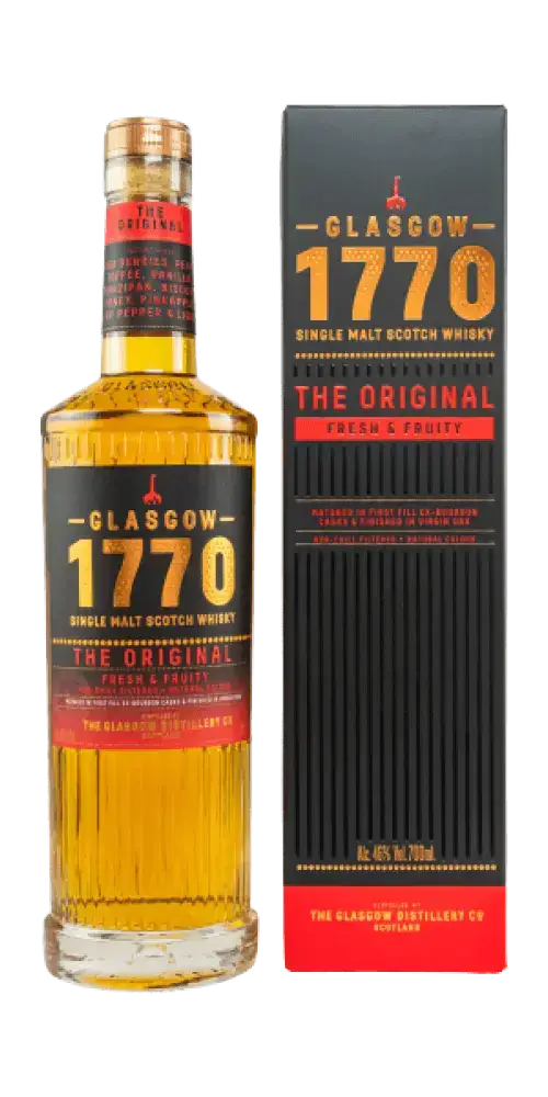 Schottischer Whisky Glasgow 1770 The Original, fruchtiger Single Malt in der Flasche mit Verpackung.