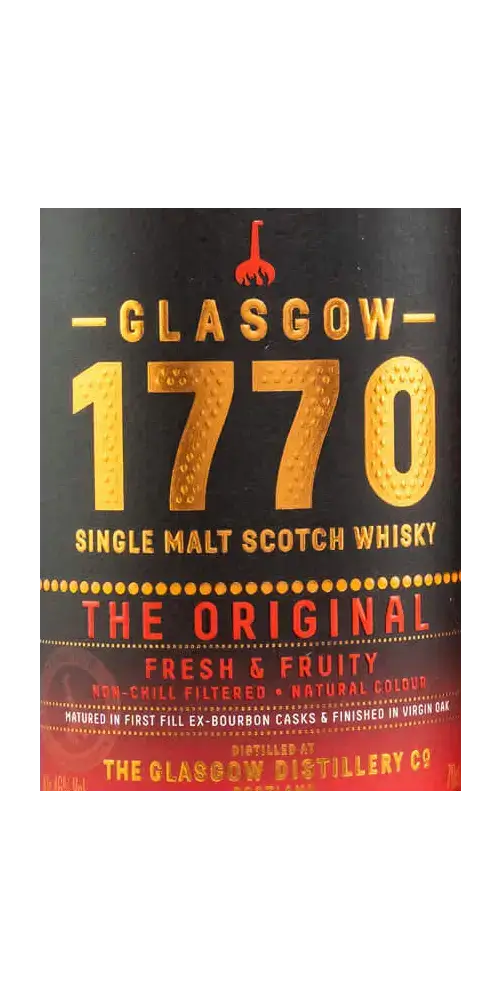Schottischer Whisky Glasgow 1770 The Original, fruchtiger Single Malt, gereift in Ex-Bourbon und neuen Eichenfässern.