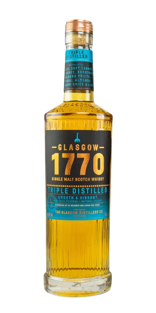 schottischer Whisky Glasgow 1770 Single Malt, dreifach destilliert, goldene Farbe, Gläserne Flasche, TIME 2 TASTE.
