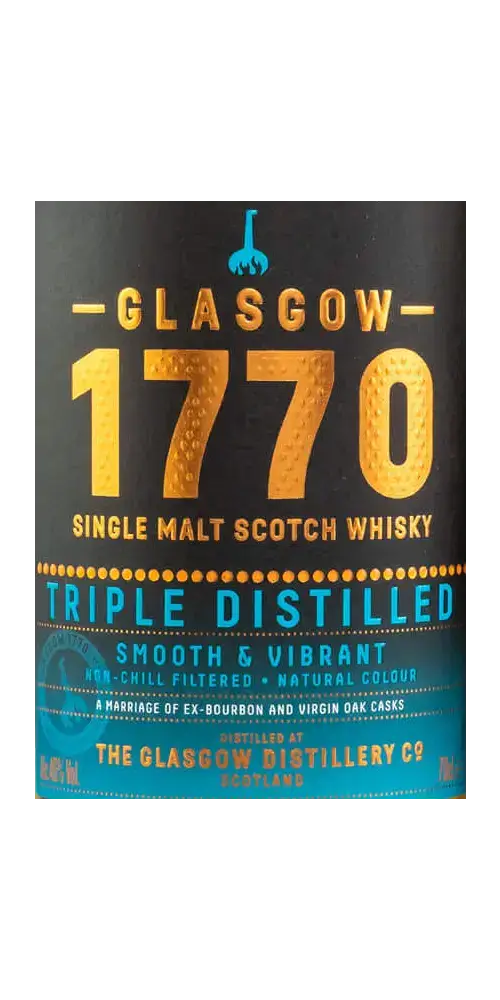 Schottischer Whisky Glasgow 1770, dreifach destilliert, milder und lebendiger Geschmack, Distillerie in Schottland.