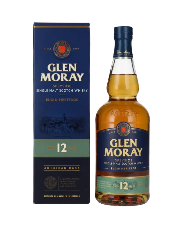 Schottischer Whisky Glen Moray 12 Jahre, Speyside Single Malt, in edler Verpackung, American Cask, seit 1897.