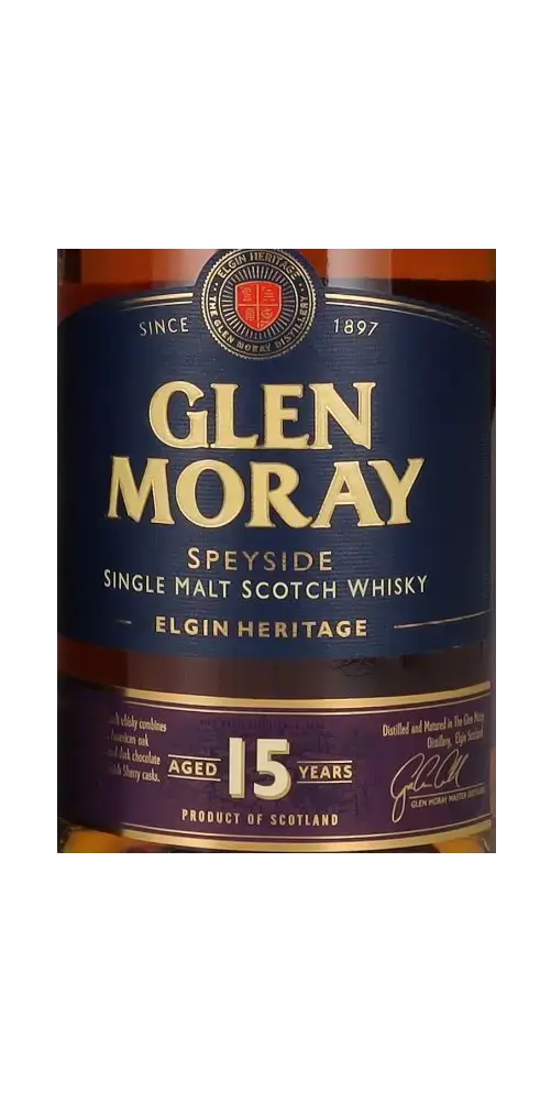 Schottischer Whisky Glen Moray 15 Jahre, Speyside Single Malt Whisky, Elgin Heritage, seit 1897 hergestellt.