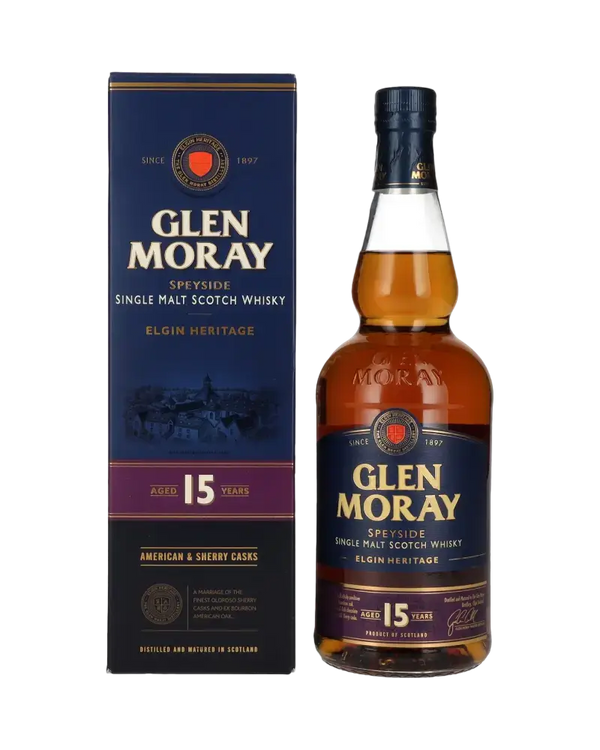 Schottischer Whisky Glen Moray 15 Jahre aus Speyside mit traditionellem Geschmack, vorgestellt in edler Verpackung.