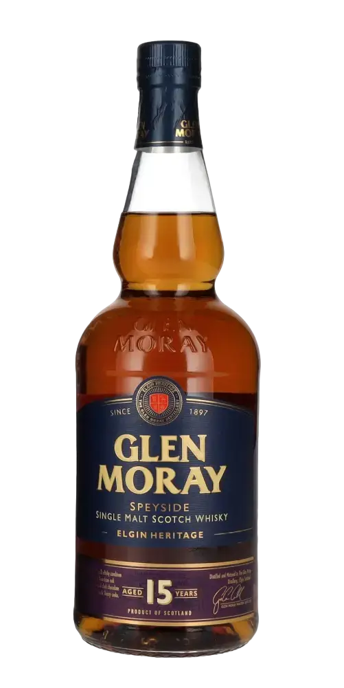 schottischer Whisky Glen Moray 15 Jahre Speyside Single Malt aus Schottland in charaktervollem Flaschendesign.