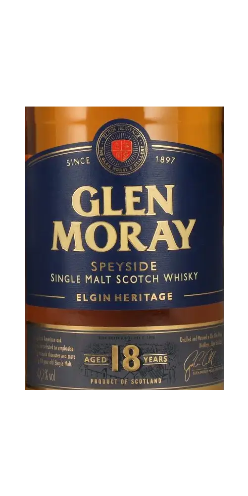 Schottischer Whisky Glen Moray 18 Jahre, Speyside Single Malt, Elgin Heritage, Tradition seit 1897, Produkt aus Schottland.