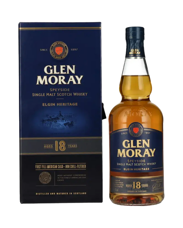 Schottischer Whisky Glen Moray 18 Jahre, Speyside Single Malt, in stilvoller Verpackung, Elgin Heritage.