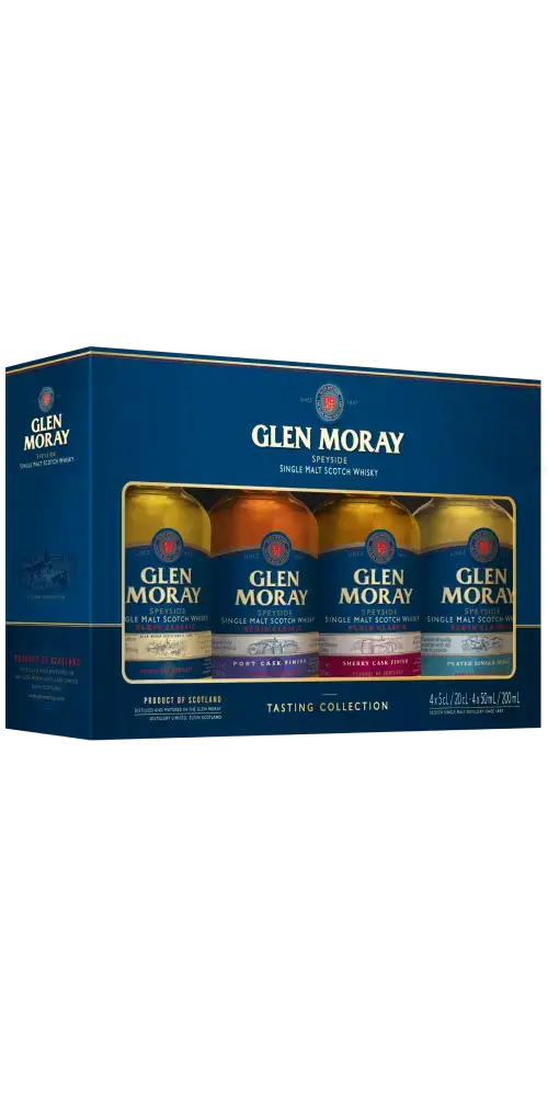 Schottischer Whisky Glen Moray Mini Tasting Set in Geschenkverpackung mit vier 50-ml Flaschen verschiedener Sorten.