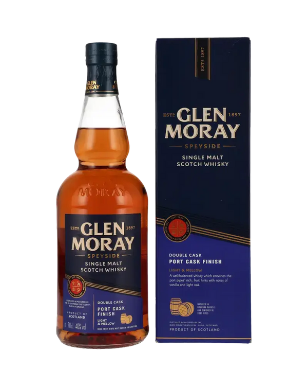 Schottischer Whisky Glen Moray Port Cask Finish, Single Malt aus der Speyside, gereift in Portfässern.