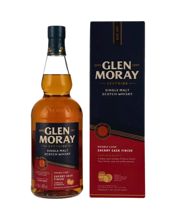 Schottischer Whisky Glen Moray Sherry Cask Finish, Single Malt, Speyside, Tradition seit 1897, Verpackung und Flasche.