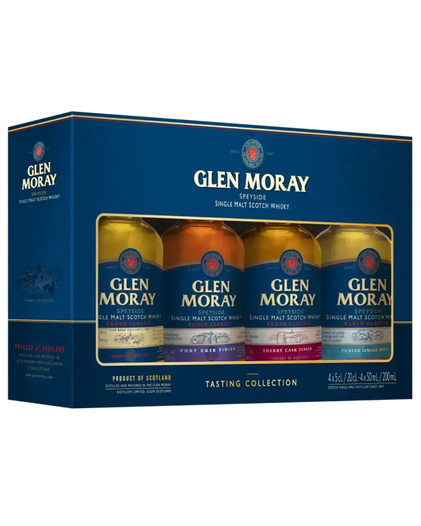 Schottischer Whisky Glen Moray Mini Tasting Set mit vier 50-ml-Flaschen für klassische Whisky-Degustation.