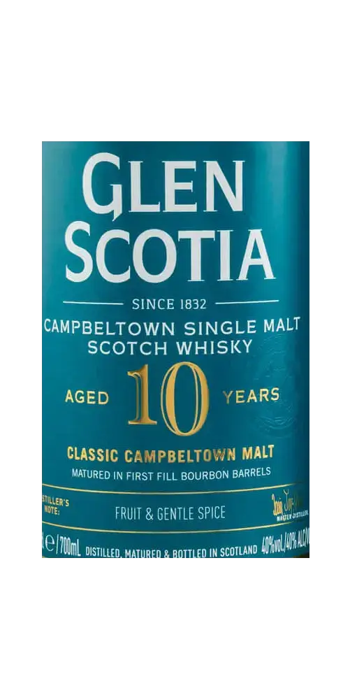 Schottischer Whisky Glen Scotia 10 Jahre, Campbeltown Single Malt, gereift in First Fill Bourbon Fässern.