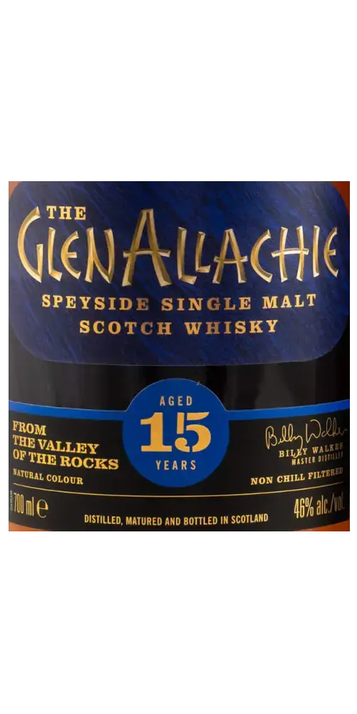 Schottischer Whisky GlenAllachie 15 Jahre, Speyside Single Malt, natürliche Farbe, aus Schottland.