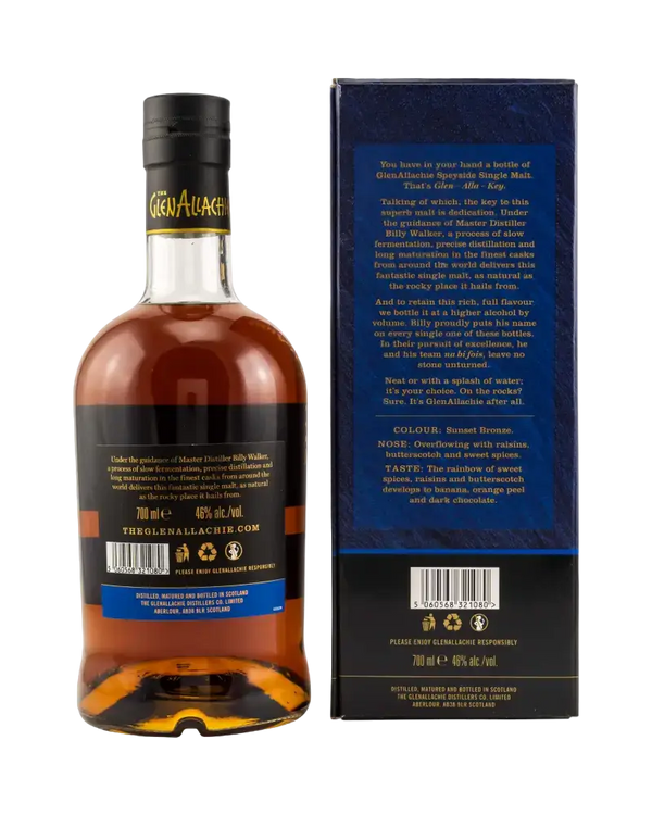 Schottischer Whisky GlenAllachie 15 Jahre, hinteres Etikett der Flasche mit Geschmacksnoten und Informationen.