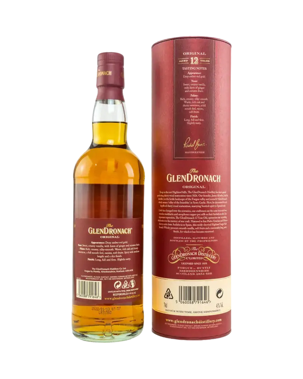 Schottischer Whisky Glendronach 12 Jahre in Tube mit Noten von Vanille und Eiche. Hochwertiger Single Malt aus Schottland.