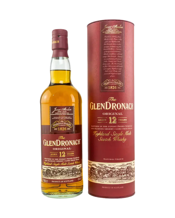 Schottischer Whisky Glendronach 12 Jahre im Tube, Highland Single Malt mit Noten von Vanille und Sherry.