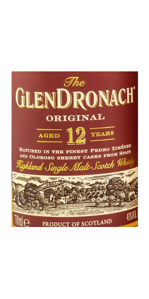 Schottischer Whisky Glendronach 12 Jahre, Single Malt aus Schottland, gereift in Sherryfässern, 700 ml.