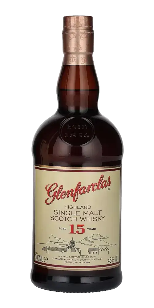 Schottischer Whisky Glenfarclas 15 Jahre, Highland Single Malt, 46% Vol., in dekorativer Flasche.