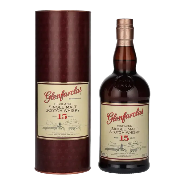 Schottischer Whisky Glenfarclas 15 Jahre, Highland Single Malt, in roter Tube, 700ml Flasche, traditionsreiche Destillerie.