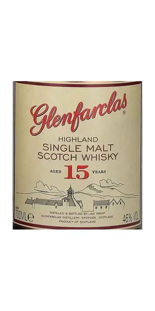 Schottischer Whisky Glenfarclas 15 Jahre, Single Malt, Highland, 46% Vol., 700ml, in traditionellem Design.