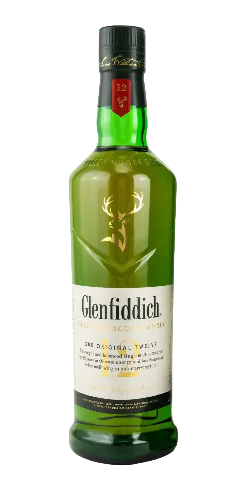 Schottischer Whisky Glenfiddich 12 Jahre, klassischer Single Malt mit fruchtigen Aromen von Birne und Karamell.