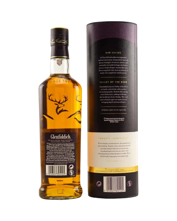 Schottischer Whisky Glenfiddich 15 Jahre im Tube, komplexe Aromen von Honig und Vanille, Speyside, 700 ml.