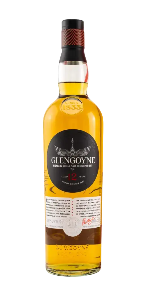 Schottischer Whisky Glengoyne 12 Jahre Single Malt in Flasche, mild mit Aromen von Honig und Zimt.
