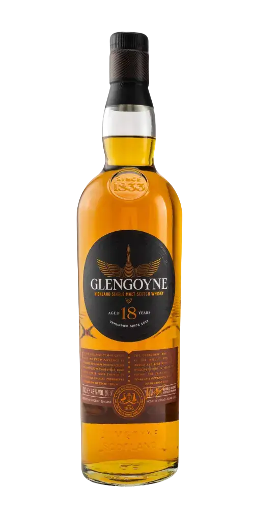 Schottischer Whisky Glengoyne 18 Jahre, Single Malt in eleganter Glasflasche mit goldener Farbe und prägnantem Etikett.