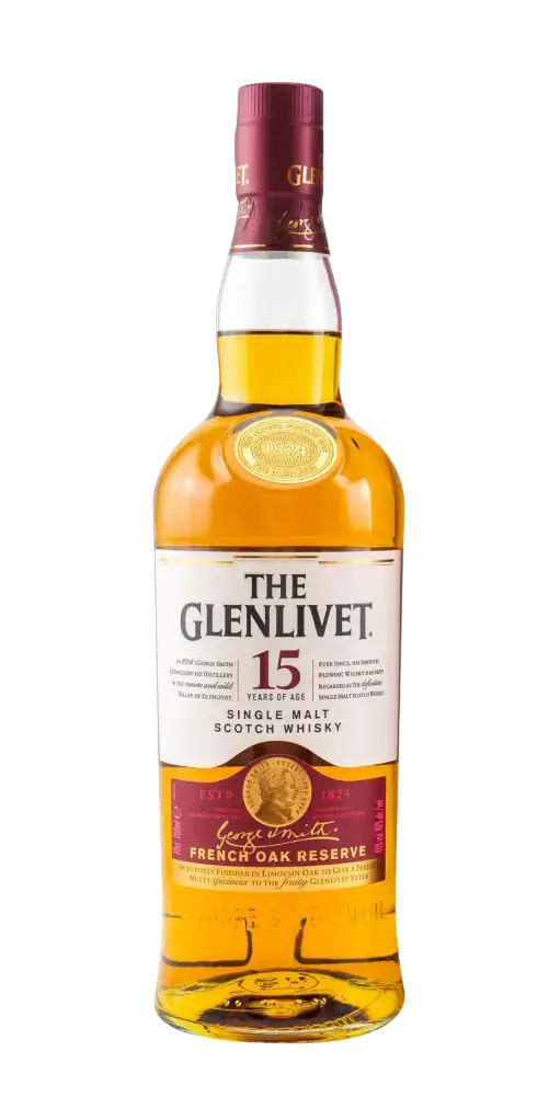 Schottischer Whisky Glenlivet 15 Jahre French Oak Reserve, Single Malt in Flasche, cremig und buttrig im Geschmack.