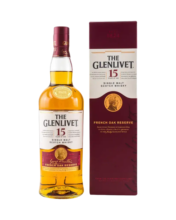 Schottischer Whisky Glenlivet 15 Jahre, Single Malt, French Oak Reserve in Box, würziger Geschmack mit süßen Früchten.