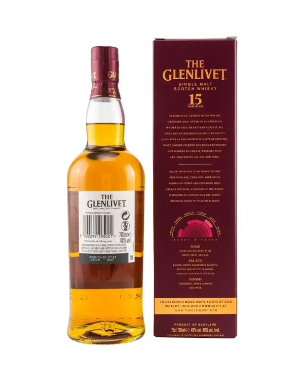 Schottischer Whisky Glenlivet 15 Jahre, französische Eiche, cremiges Aroma, süße Früchte, Goldfarbe, TIME 2 TASTE.