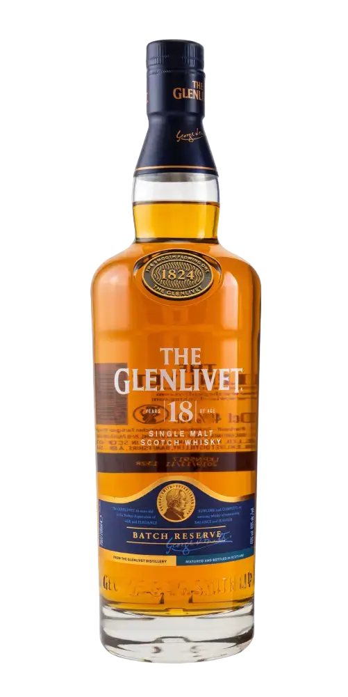 Schottischer Whisky Glenlivet 18 Jahre Batch Reserve in einer klassischen Flasche, fruchtige und würzige Aromen.