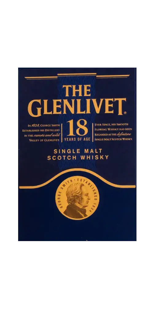 Schottischer Whisky Glenlivet 18 Jahre in edler Verpackung, Single Malt mit fruchtigen und würzigen Aromen.