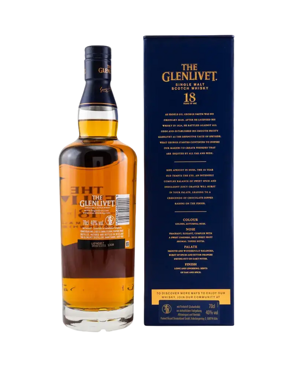 schottischer Whisky Glenlivet 18 Jahre, elegant, fruchtig, mit Toffee-Aromen, 700ml Flasche im der Box, 47% Vol.