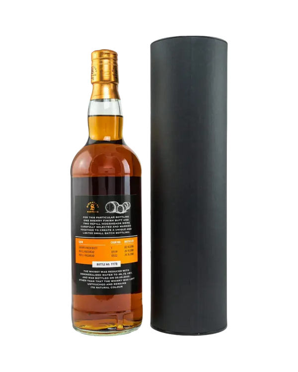 Schottischer Whisky Glenlossie 2008/2022 Signatory Small Batch #12 in schwarz-weißem Behälter.