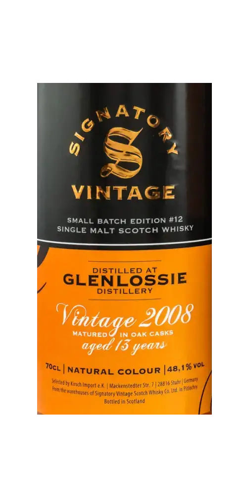 Schottischer Whisky Glenlossie 2008, 15 Jahre, Small Batch Edition #12, Signatory Vintage, gereift in Eichenfässern.