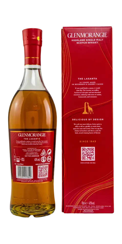 Schottischer Whisky Glenmorangie Lasanta 12 Jahre, im Ex-Bourbon-Fass gereift, mit Sherry-Aromen, 700ml Flasche.