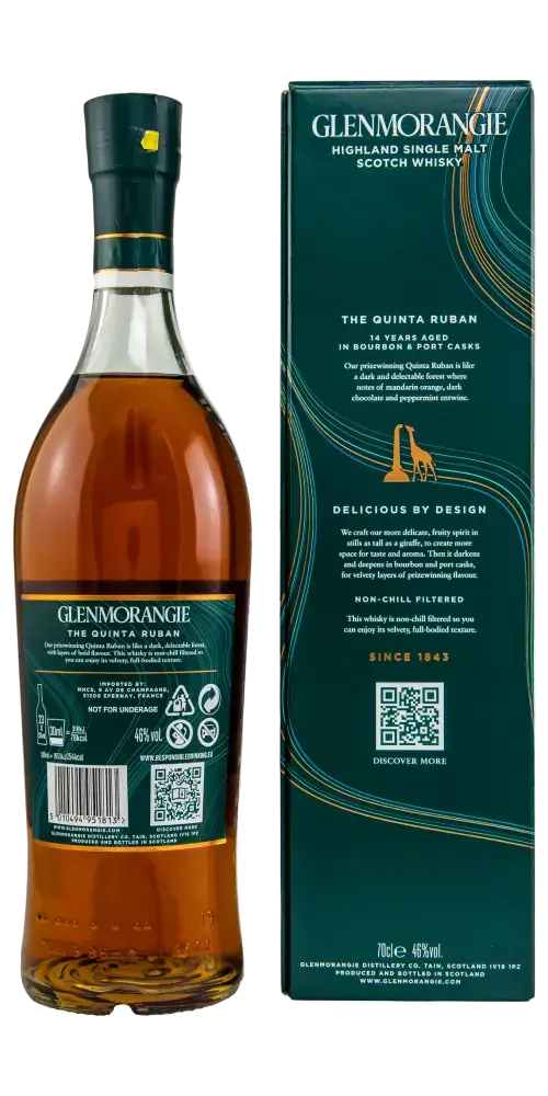 Schottischer Whisky Glenmorangie Quinta Ruban, 14 Jahre, Single Malt, gereift in Ruby-Port-Fässern, geschmacklich komplex.