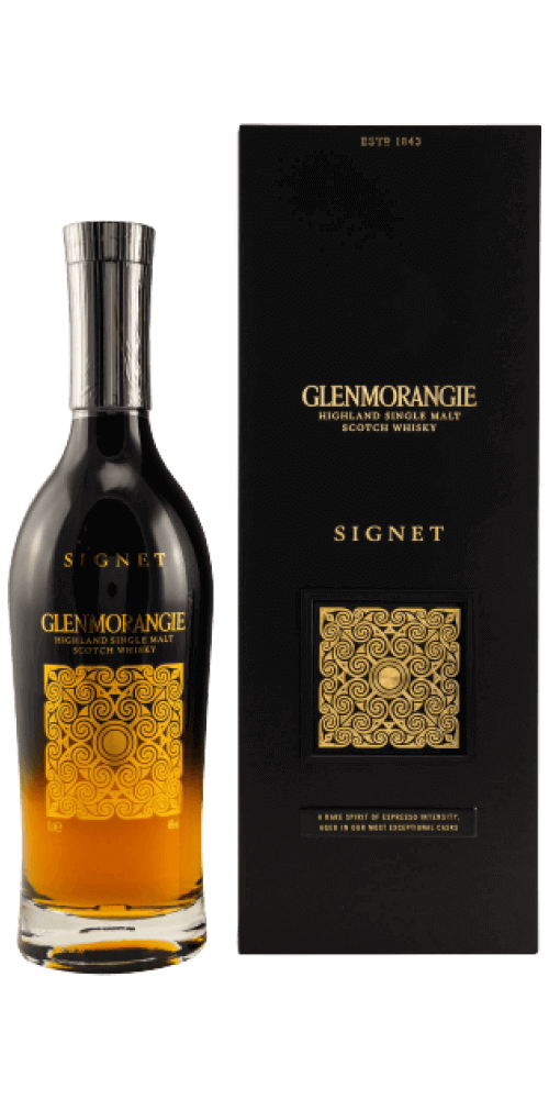 Schottischer Whisky Glenmorangie Signet 14 Jahre, elegante Flasche mit schwarzer Verpackung und goldenen Details.