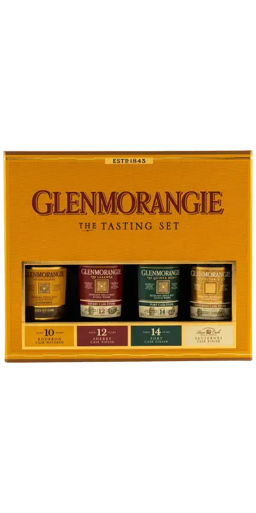 Schottischer Whisky Glenmorangie Tasting Set mit 10, 12 und 14 Jahre alten Abfüllungen in edler Verpackung.