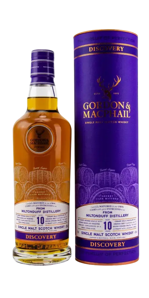 Schottischer Whisky Miltonduff 10 Jahre in Schachtel von Gordon & MacPhail, mit Aromen wie Orangenmarmelade und Schokolade.
