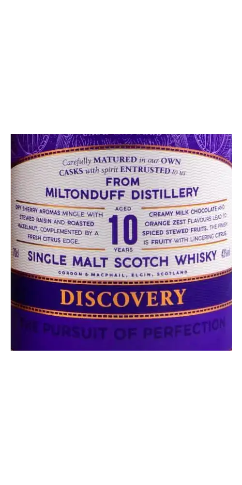 Schottischer Whisky Miltonduff 10 Jahre, Single Malt, Gordon & MacPhail, Aromen von Schokolade und Zitrusfrüchten.