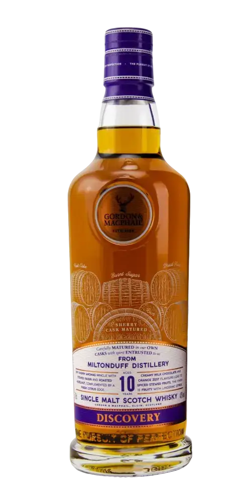 Schottischer Whisky Miltonduff 10 Jahre, abgefüllt von Gordon & MacPhail, Single Malt im Discovery-Stil.