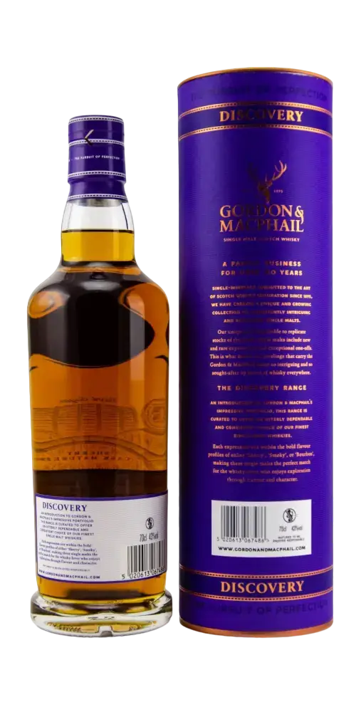 Schottischer Whisky Miltonduff 10 Jahre G&M Discovery im Tubus, Ex-Sherry-Fässer, Aromen von Orange und Zimt, Gordon & MacPhail.