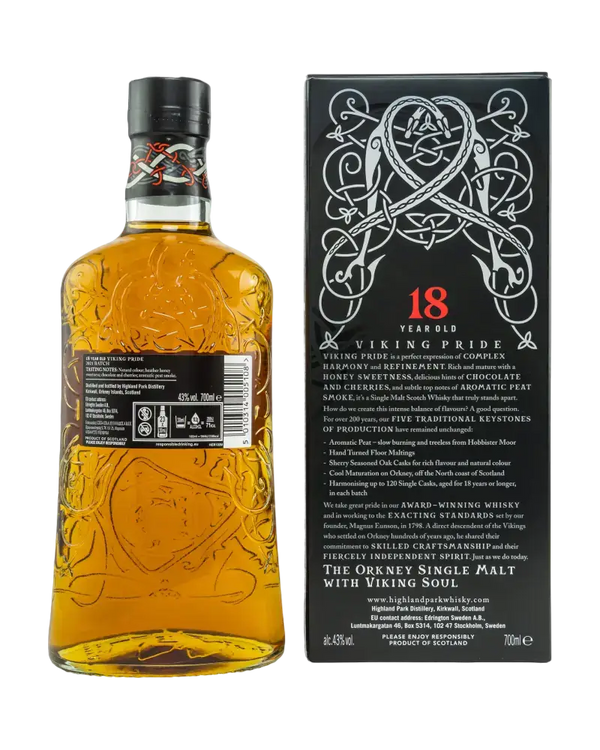 Schottischer Whisky Highland Park Viking Pride, 18 Jahre, Single Malt mit Honig, Torfrauch und goldener Farbe.