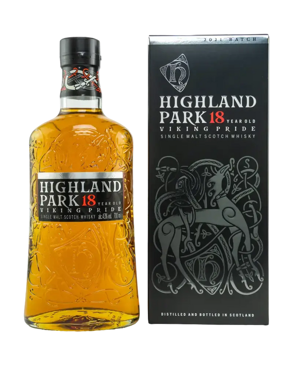 Schottischer Whisky Highland Park 18 Jahre Viking Pride in der Flasche und Verpackung, goldene Farbe und reichhaltiger Geschmack.