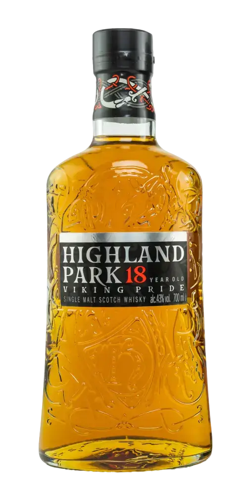 Schottischer Whisky Highland Park 18 Jahre Viking Pride, goldfarbener Single Malt mit reichem Geschmack.