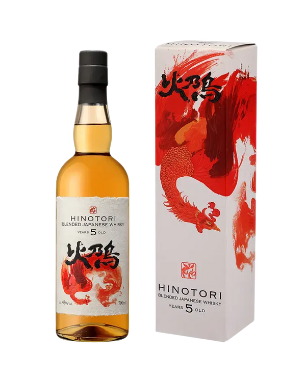 Japanischer Whisky Hinotori, 5 Jahre gereift, im eleganten Flaschen- und Verpackungsdesign. Vollmundiger Blend.